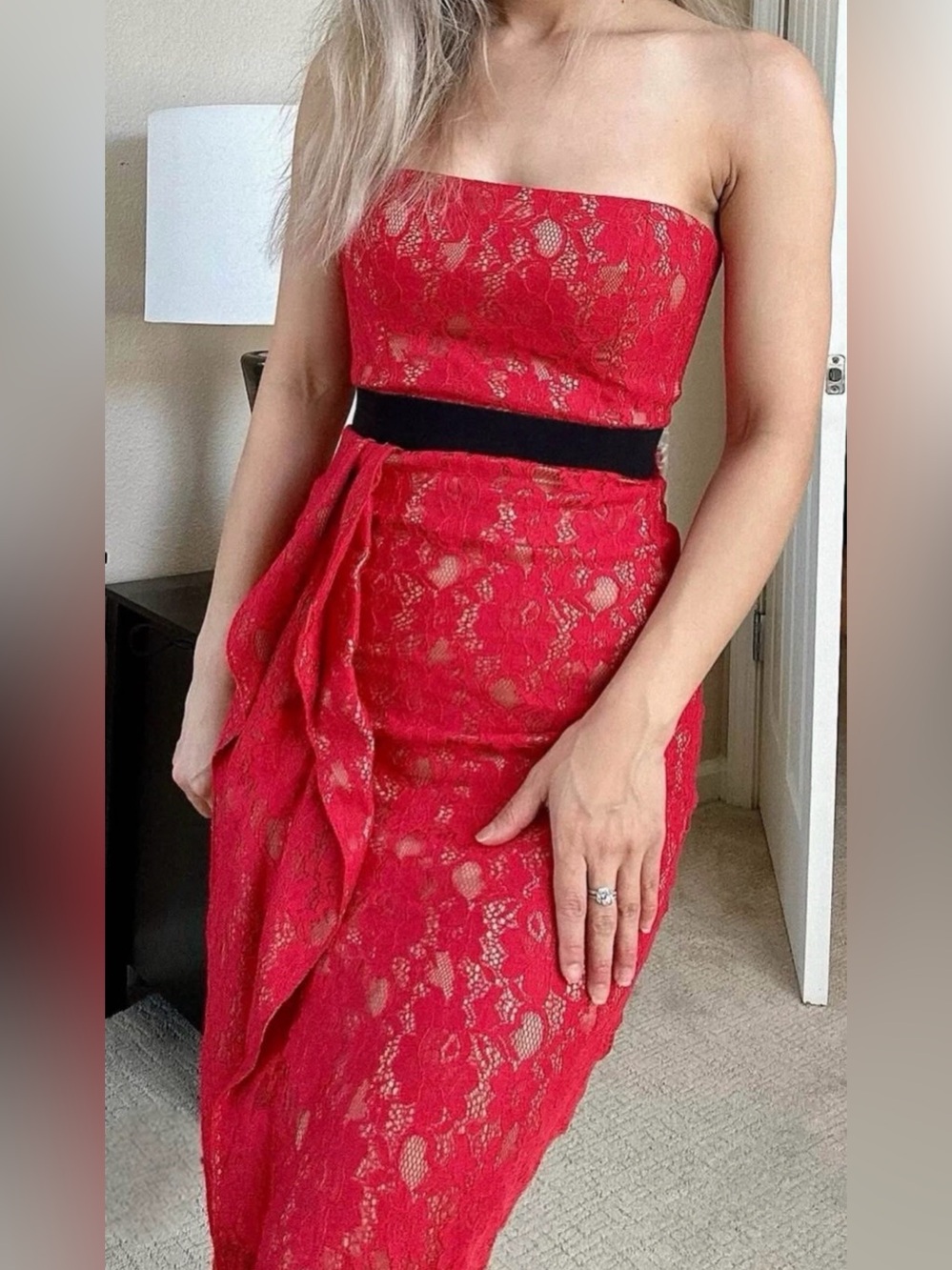 BCBGMaxAzria Red Lace Strapless Dress